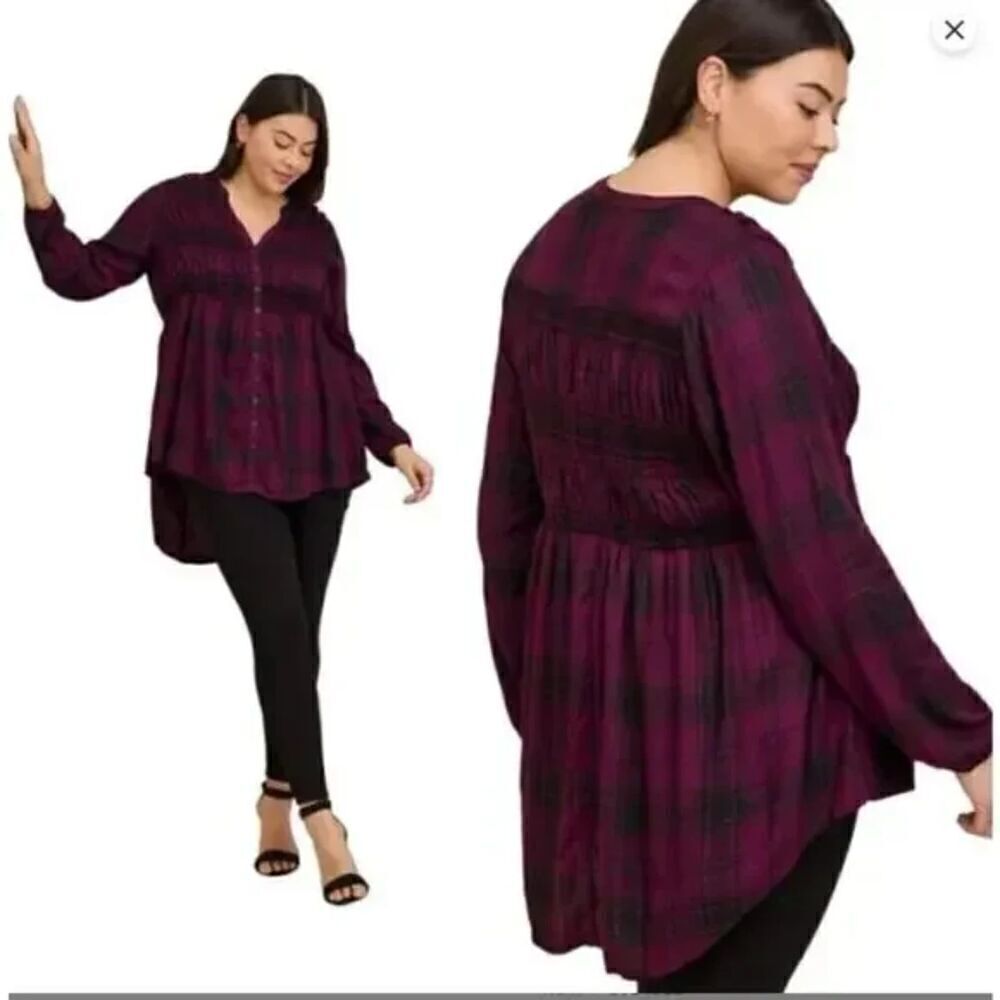 Torrid "Milly" Purple & Black Plaid Smocked Detail Tunic Button Up Top size 1X